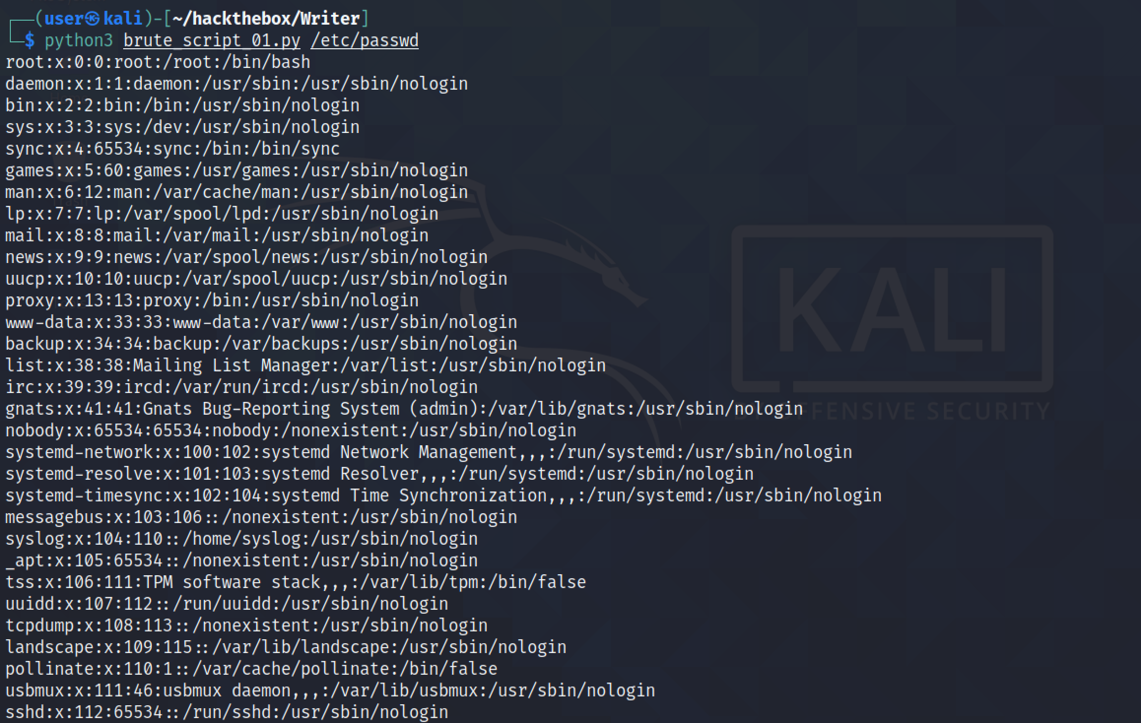 Contents of the /etc/passwd file with some HTML content.