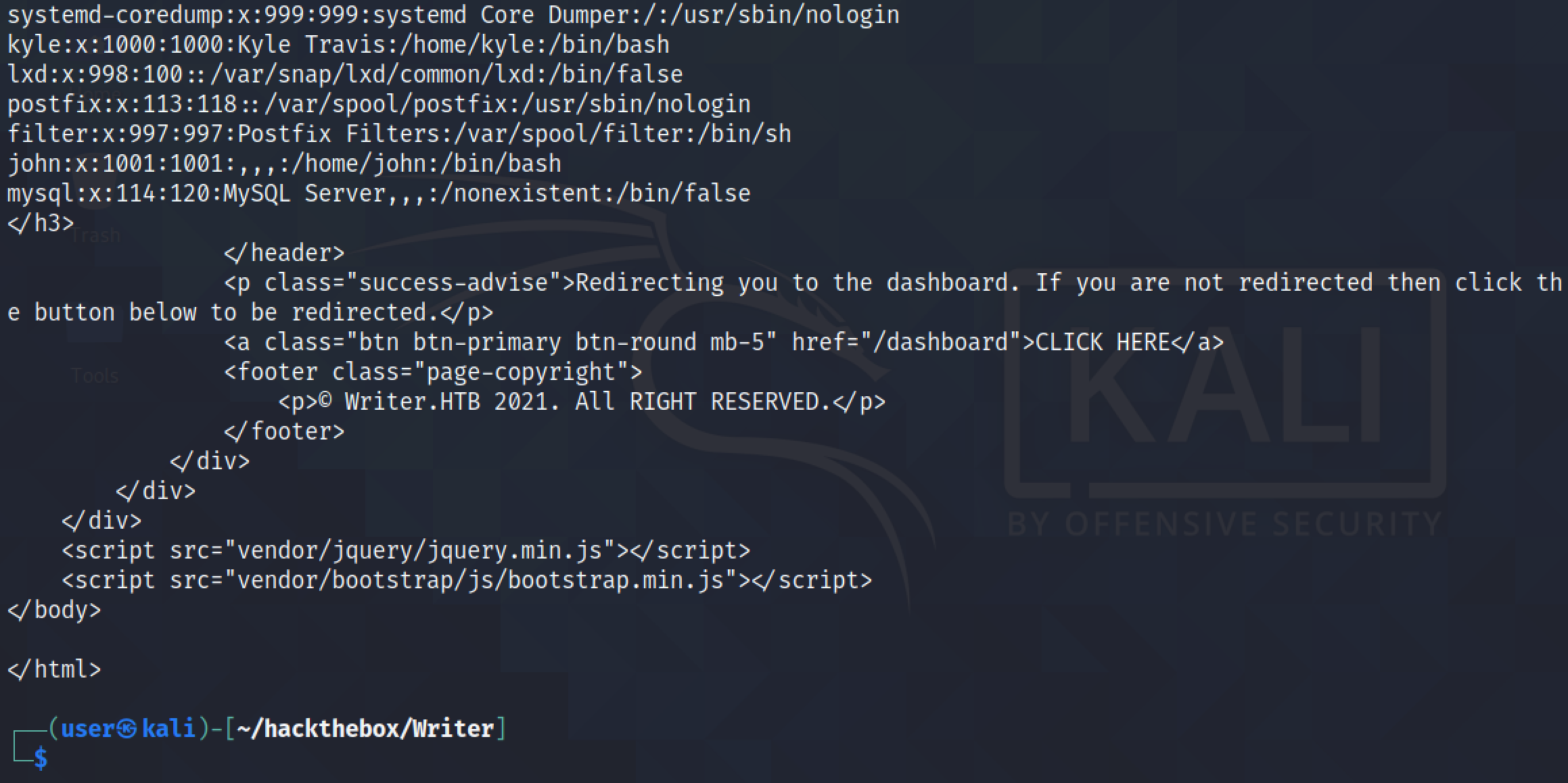 Contents of the /etc/passwd file with some HTML content.
