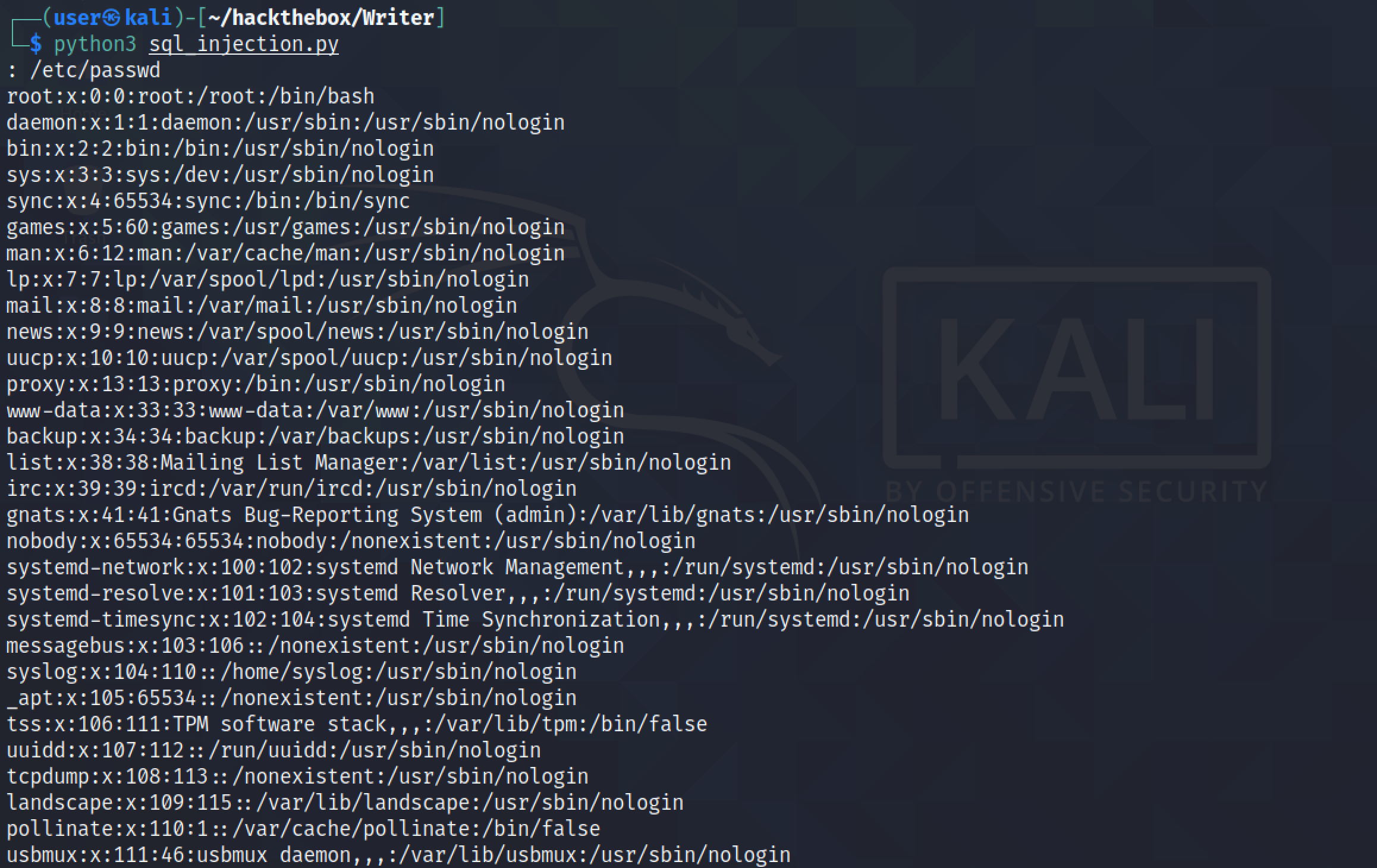 Retrieving files using the SQL injection Python script.