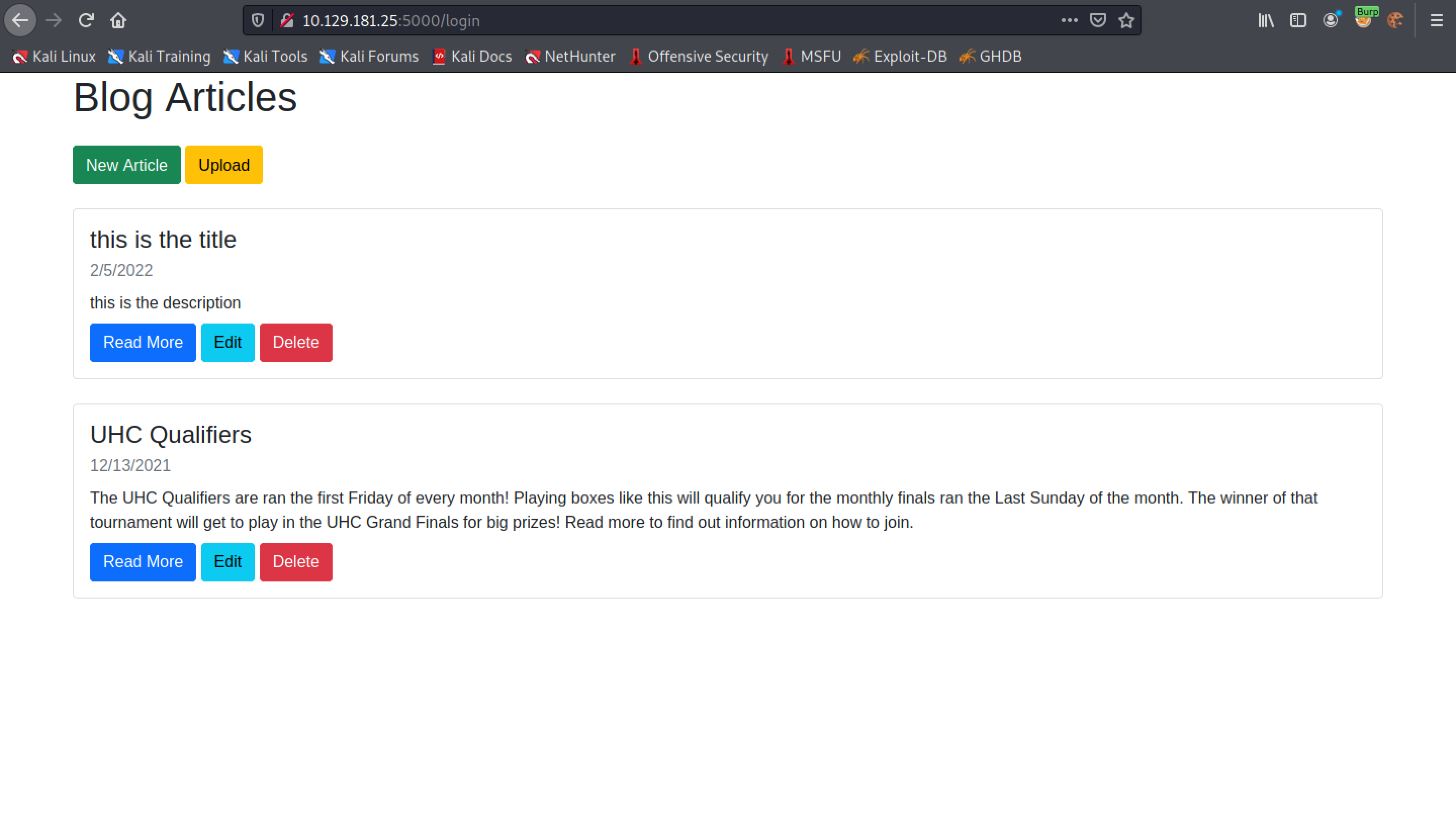Blog page with upload button.