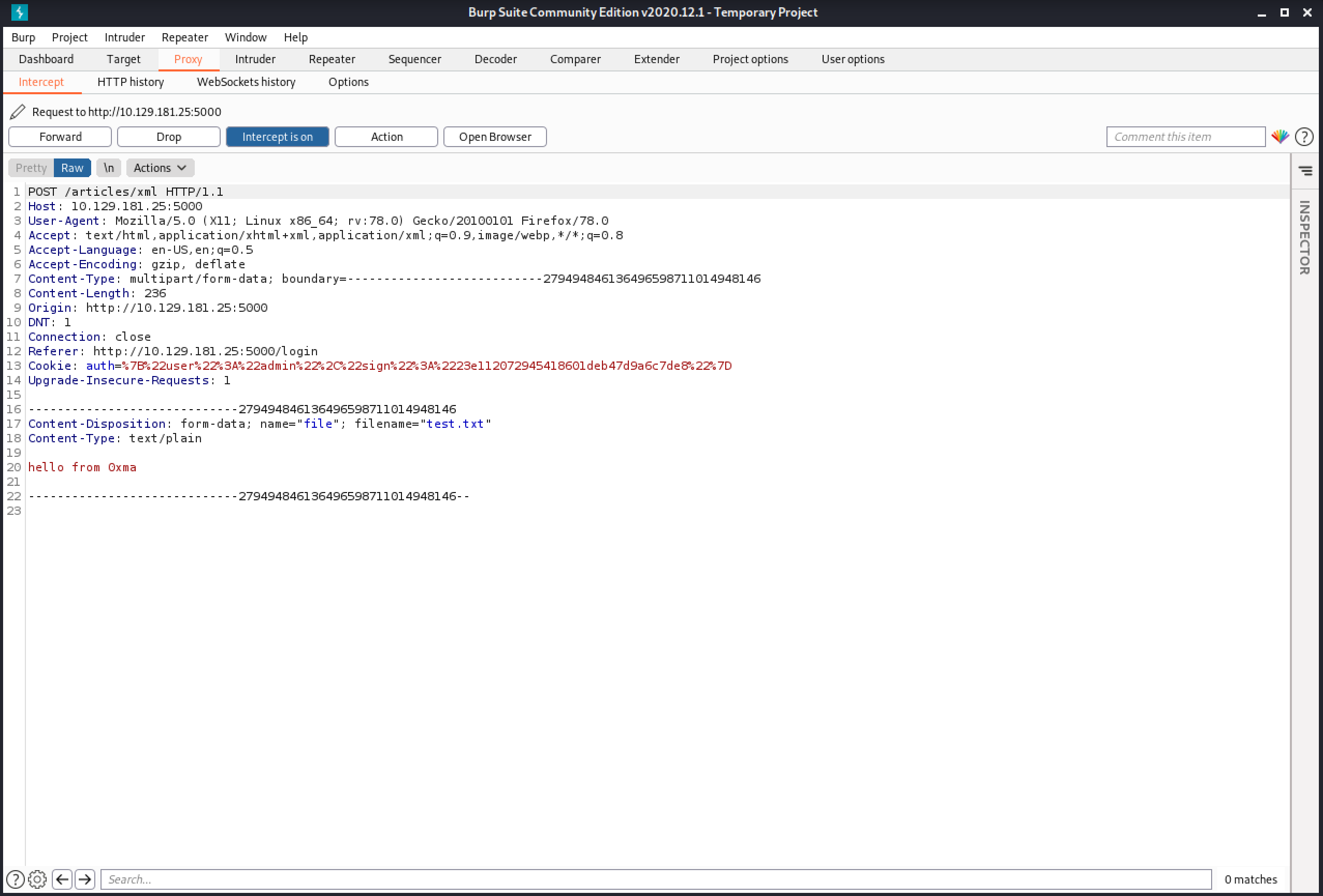 Capture the uploaded file in Burp Intercept.