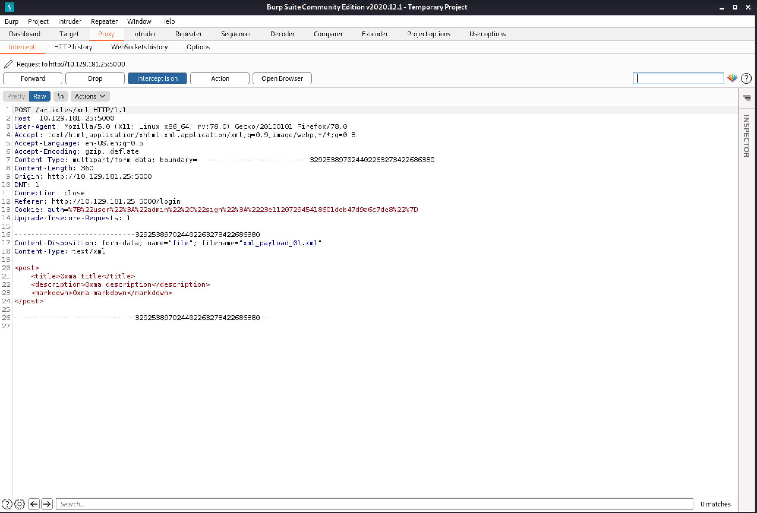 Capture the XML file in Burp Intercept.