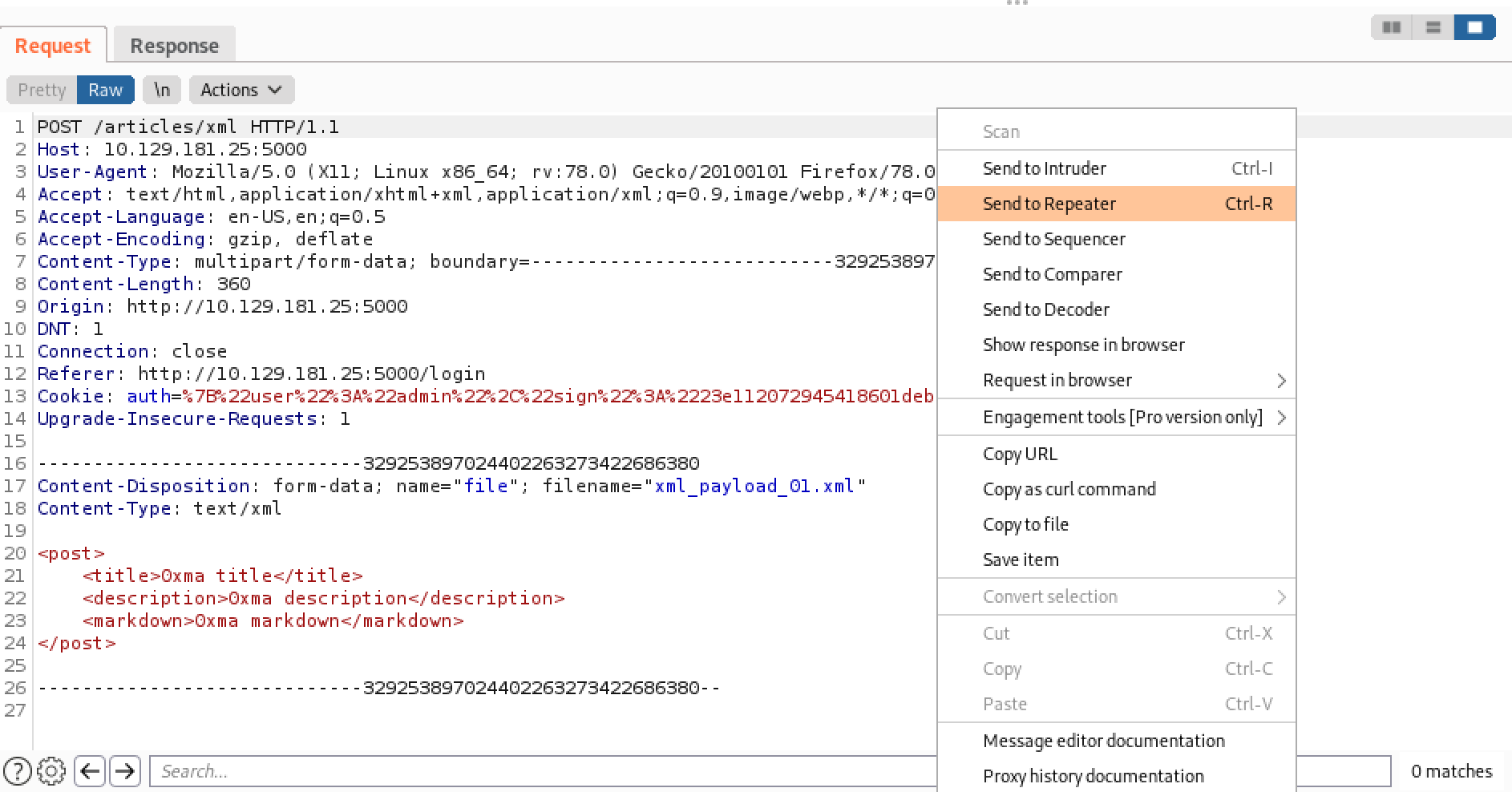 Send the XML upload to Burp Repeater.