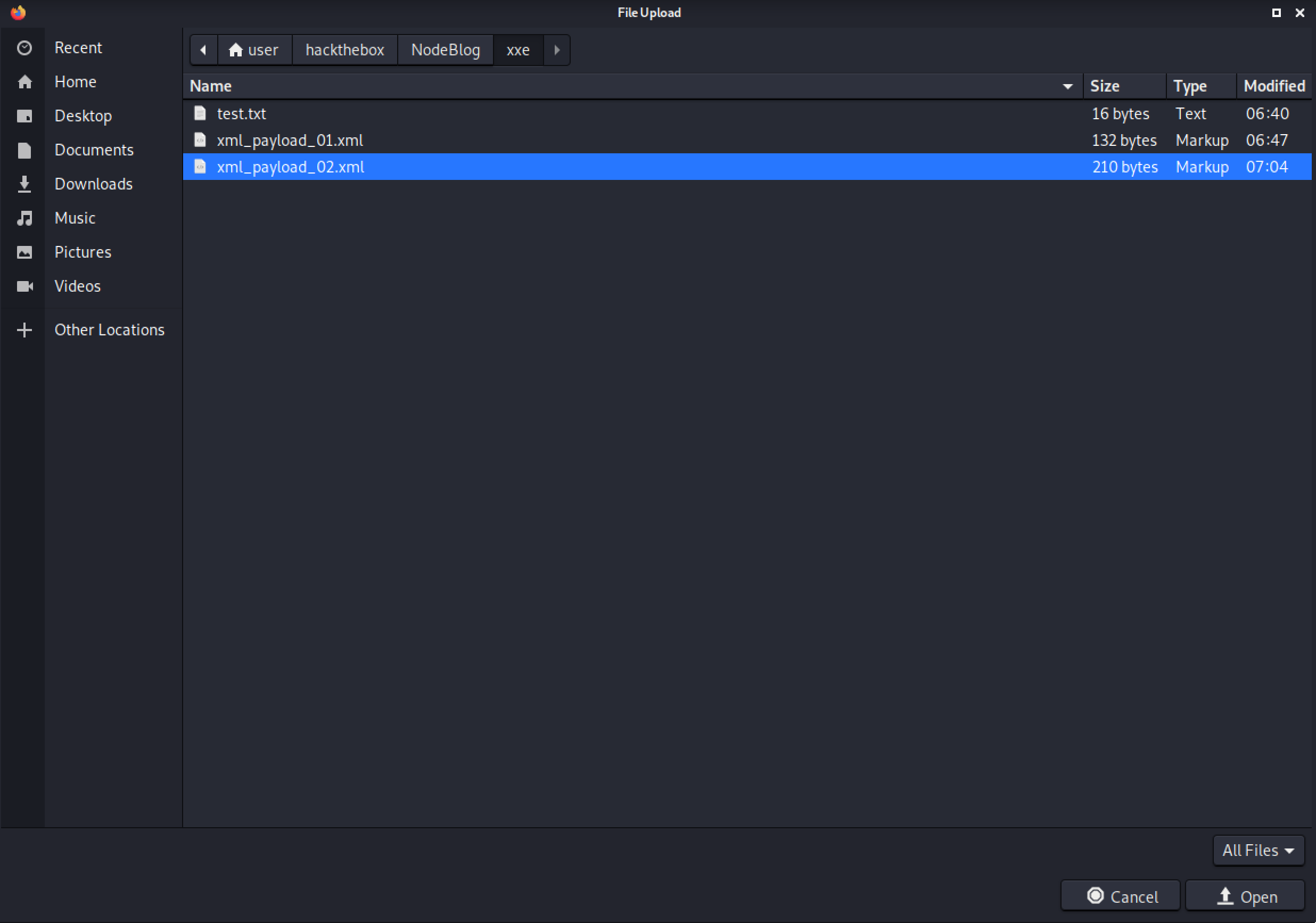 Select the new XML file with the XXE injection.